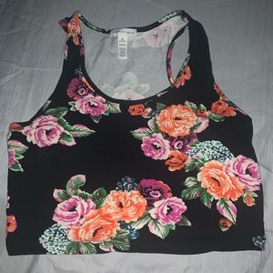 Black floral/multi colored sleeveless crop top.